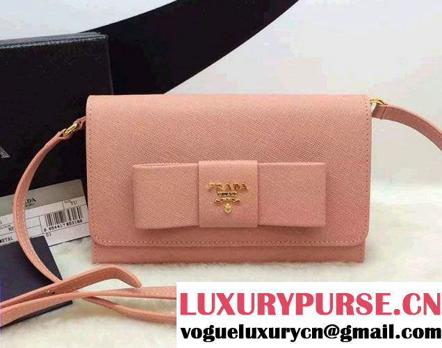 Prada Saffiano Leather Bow Wallet with Shoulder Strap 1M1437 Nude Pink 2015/2016