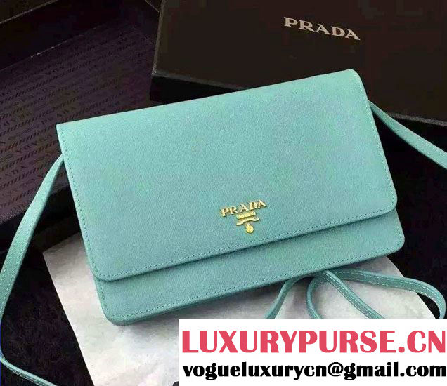 Prada Saffiano Leather Wallet with Shoulder Strap 1M1361 Cyan