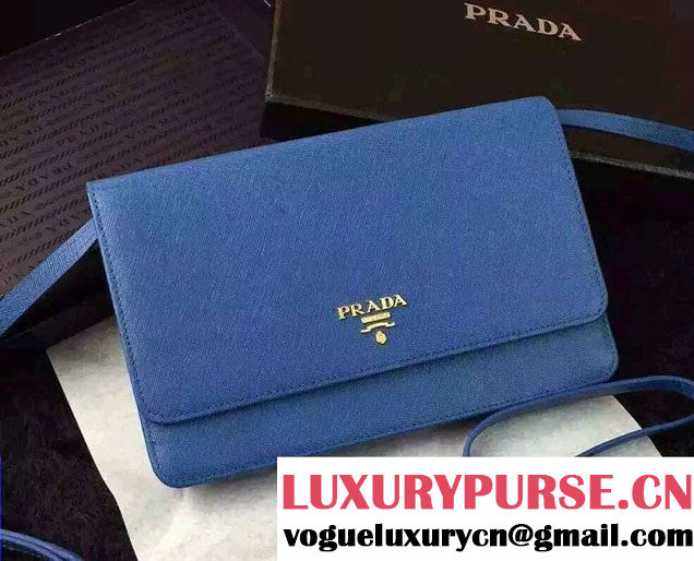 Prada Saffiano Leather Wallet with Shoulder Strap 1M1361 Blue