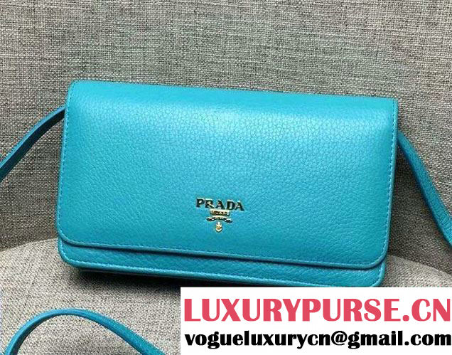 Prada Clemence Leather Wallet with Shoulder Strap 1M143 Turquoise