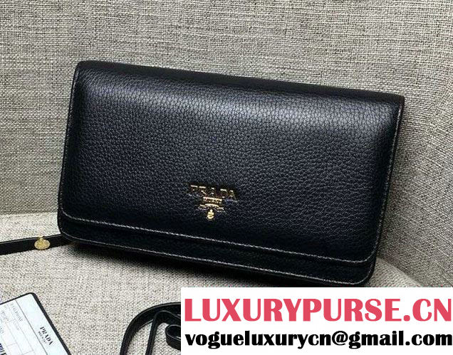 Prada Clemence Leather Wallet with Shoulder Strap 1M143 Black