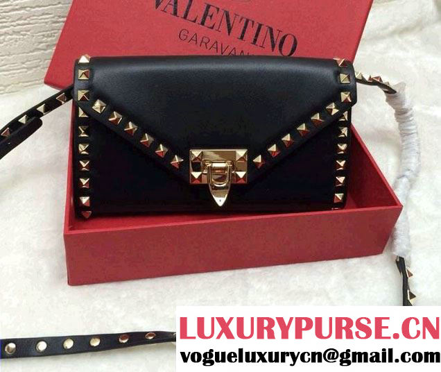 Valentino Rockstud Cross Body Wallet Clutch Bag Black/Golden 2015