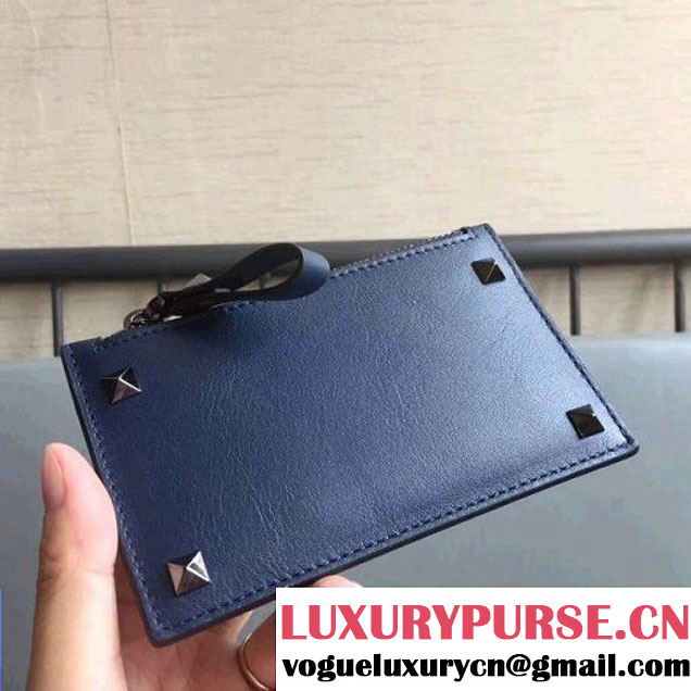 Valentino Rockstud Calfskin Card Holder Navy Blue 2017 (JD-7102124 )