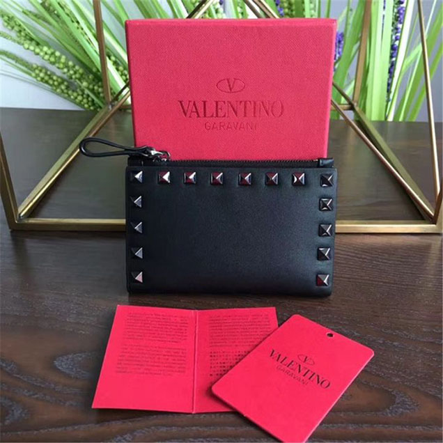 Valentino Garavani Rockstud Black Spike Card Holder Wallet 14cm Calfskin Leather Fall Winter 2017 Collection Black