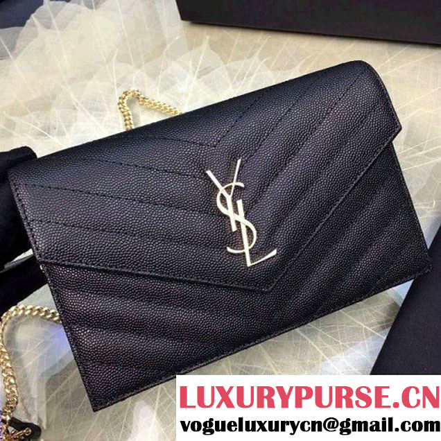 Saint Laurent 393953 Grained Calfskin Monogram Envelope Chain Wallet Black 2016 (1A130-6081509 )