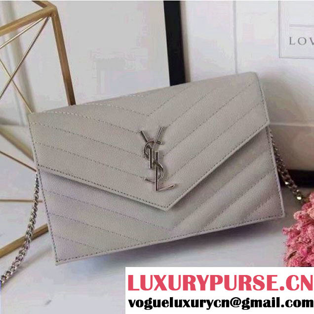 Saint Laurent 393953 Grained Calfskin Monogram Envelope Chain Wallet Light Gray 2016 (1A130-6081511 )