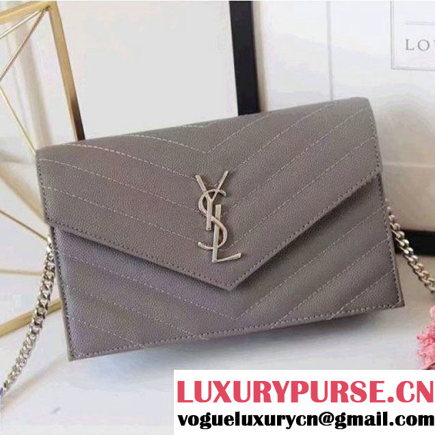 Saint Laurent 393953 Grained Calfskin Monogram Envelope Chain Wallet Gray 2016 (1A130-6081512 )