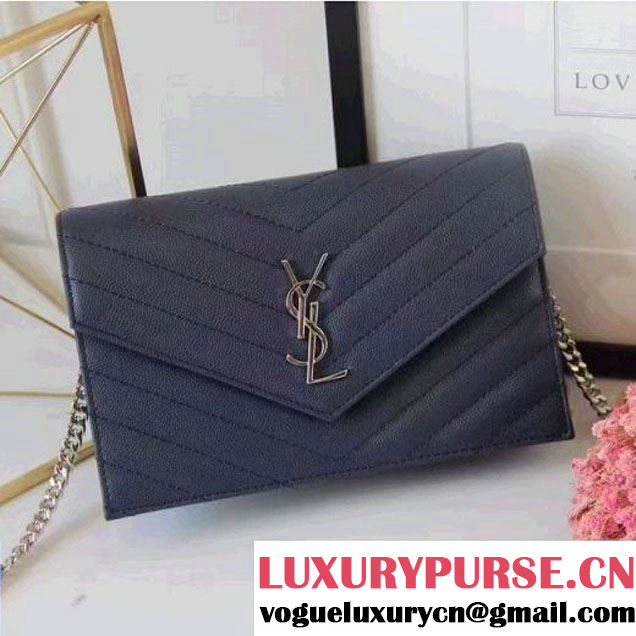 Saint Laurent 393953 Grained Calfskin Monogram Envelope Chain Wallet Navy 2016 (1A130-6081515 )