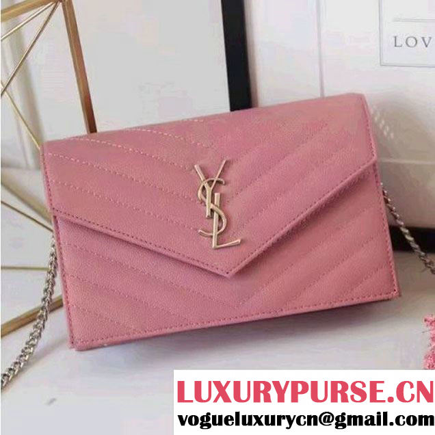 Saint Laurent 393953 Grained Calfskin Monogram Envelope Chain Wallet Pink 2016 (1A130-6081516 )