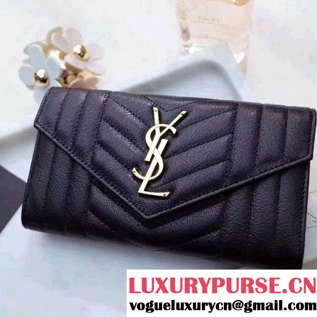 Saint Laurent Large Monogram Flap Wallet In Mixed Matelasse Leather 437469 Black 2017(GH) (1A069-7022325 )