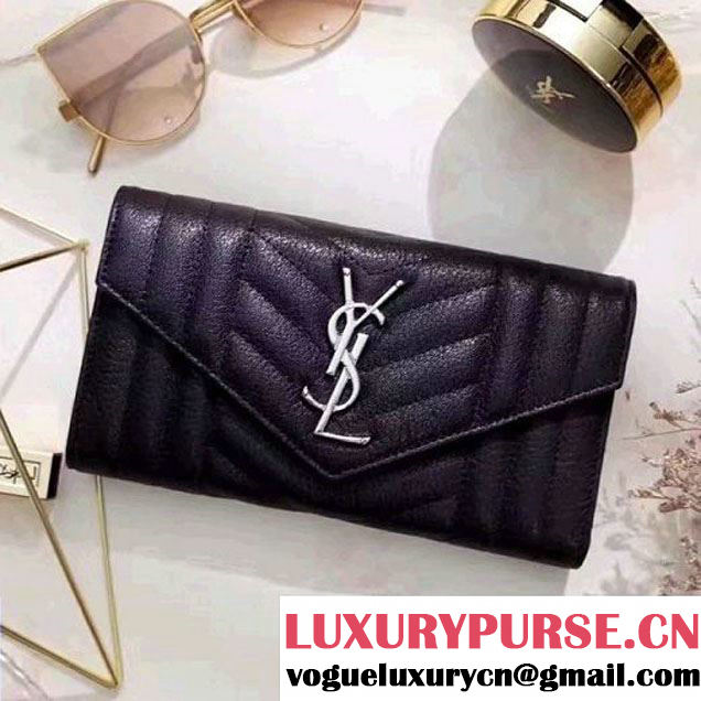 Saint Laurent Large Monogram Flap Wallet In Mixed Matelasse Leather 437469 Black 2017(SH) (1A069-7022326 )