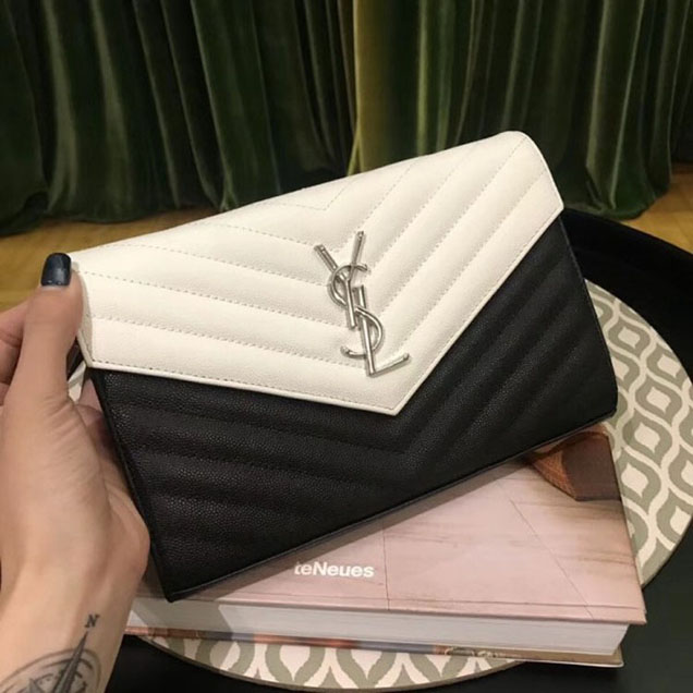 Saint Laurent 360452 Medium Envelope Chain Wallet in Black/White Textured Leather 2018 Collection